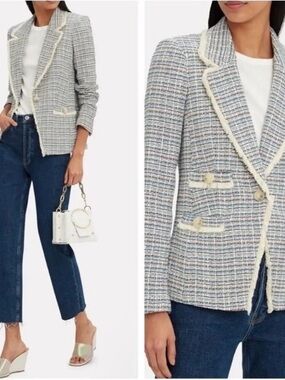 $650 Veronica Beard Aba Textured Plaid Tweed Frayed Trim Jacket Blazer Size 6